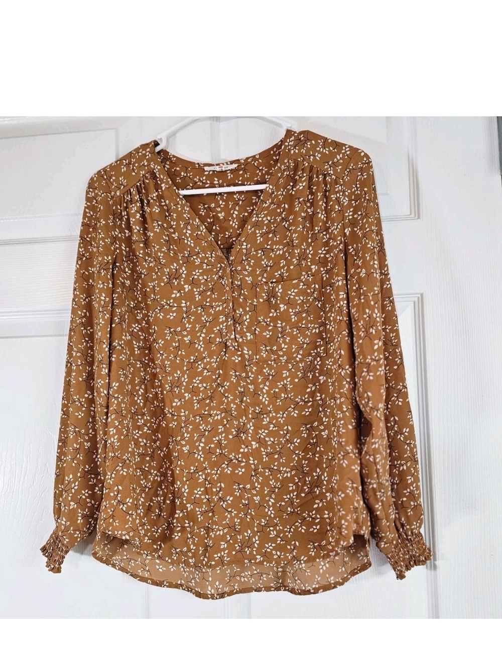 Pleione Carmel Brown Blouse Top V-Neck Long Sleeve Blouse XS Dark Academia Boho